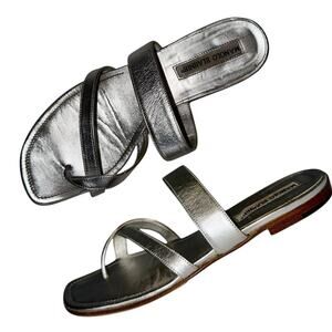 Manolo Blahnik Susa Silver Leather Flat Strappy Thong Sandal Size 37.5